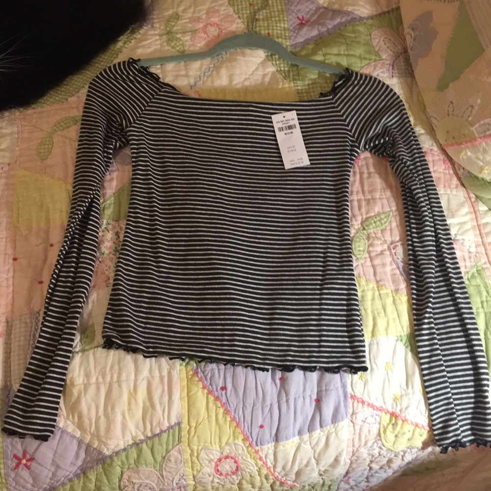 Gray and white striped, off the shoulder crop top